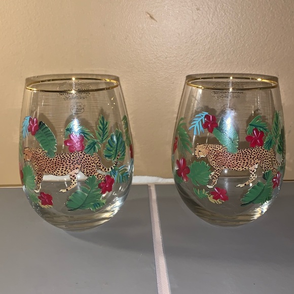 🎅 2 Hand Painted Set Tiger in Jungle Stemless Wine Glasses NEW - Picture 4 of 15